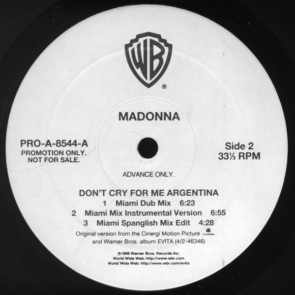 DON'T CRY  FOR ME MAXI 45T SAMPLER USA ADVANCE/ MADONNA - CD - DISQUES - RECORDS -  BOUTIQUE VINYLES