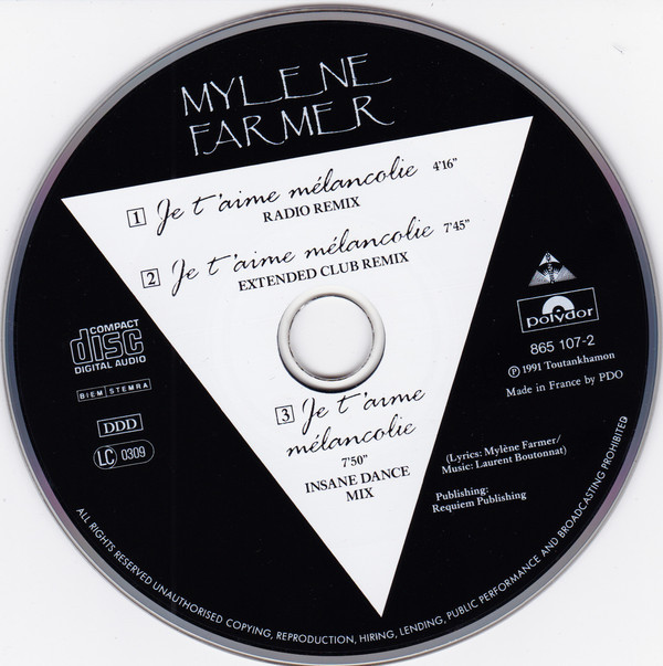 JE T'AIME MELANCOLIE CD  MAXI  ALLEMAGNE  /  MYLENE FARMER - RECORDS - DISQUES - VINYLES - CD - SHOP