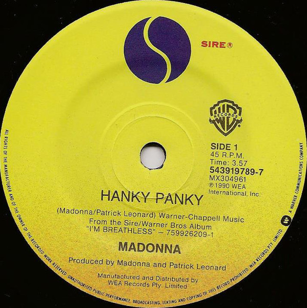 HANKY PANKY 45T AUSTRALIE MADONNA-CD-DISQUES-RECORDS-BOUTIQUE VINYLES-SHOP-COLLECTORS