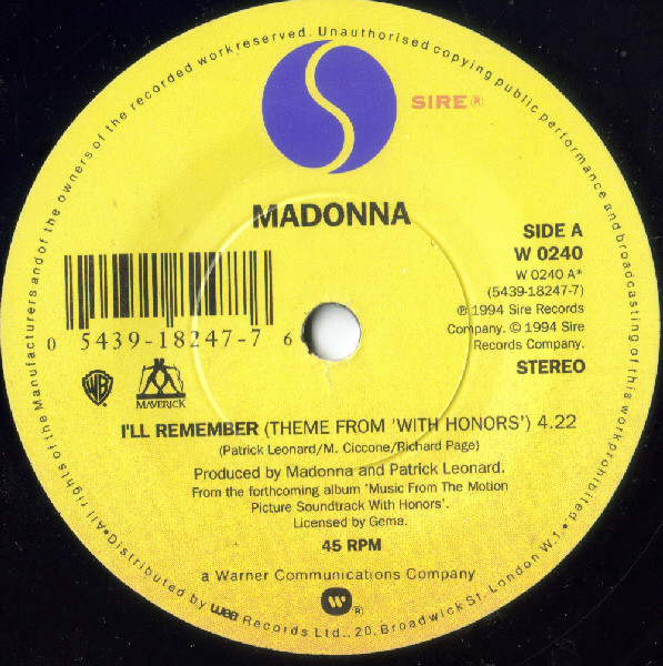 I'll REMEMBER  45T UK  MADONNA-CD-DISQUES-RECORDS-BOUTIQUE VINYLES-SHOP-COLLECTORS