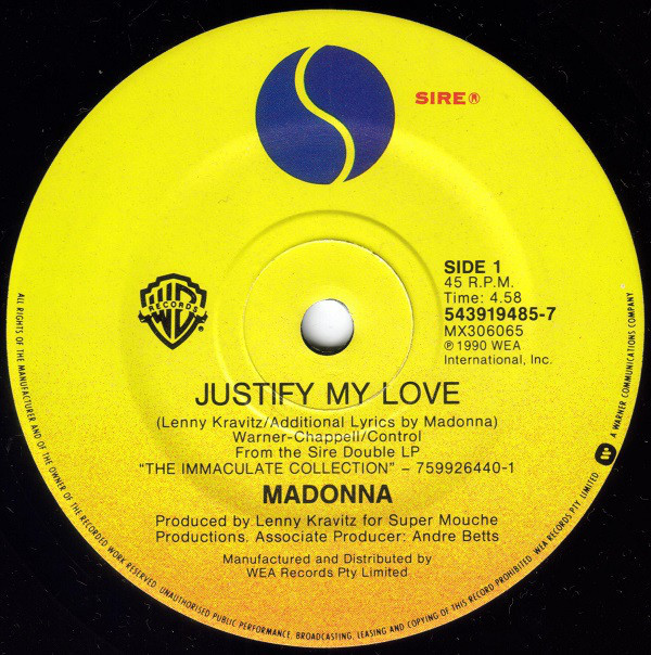 JUSTIFY  MY LOVE 45T AUSTRALIE MADONNA-CD-DISQUES-RECORDS-BOUTIQUE VINYLES-SHOP-COLLECTORS